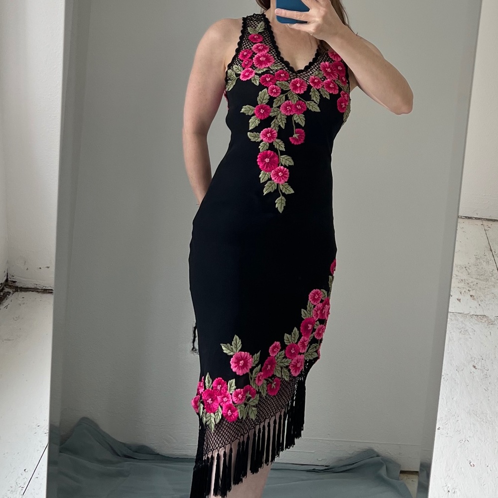 Black Silk Dress with Embroidered Flowers and beaded fringe hem